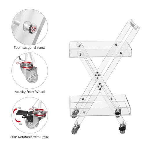 2-Tier Acrylic Rolling Cart Mobile Bar Cart & Snack Rack for Kitchen, Bathroom & Office - Versatile Utility Cart with Wheels for Storage & Organization