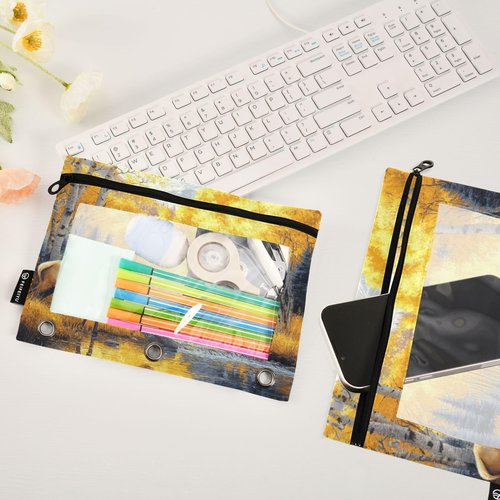 XDKDZIS The Elk by The River Grass Pencil Pouch for 3 Ring Binder, Binder Pouches with Zipper Bulk, Pen Holder Case 2 Packs