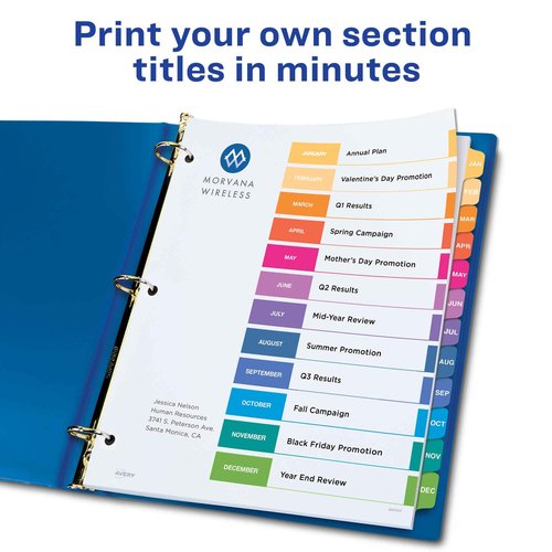 Avery Jan-Dec Tab Dividers for 3 Ring Binders, Customizable Table of Contents, Multicolor Tabs, 24 Sets(11127)
