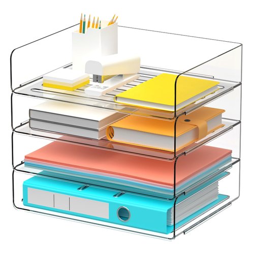Gawerk Desk Organizer Stackable Desk Paper Letter Tray Organizer Office Desktop File Paper Holder Book Storage Organization Rack (Clear, 4 x Standard Entry)