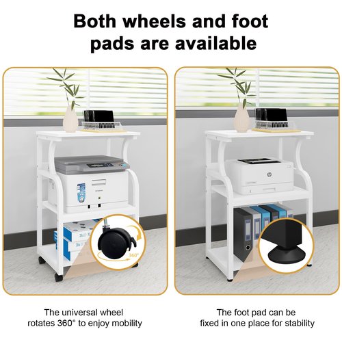 Natwind 3 Tier Printer Stand,Rolling Printer Table with Adjustable Storage Shelf for Home Office Organization,Multifunctional Shelves for Heat Press,3D Printer (White)