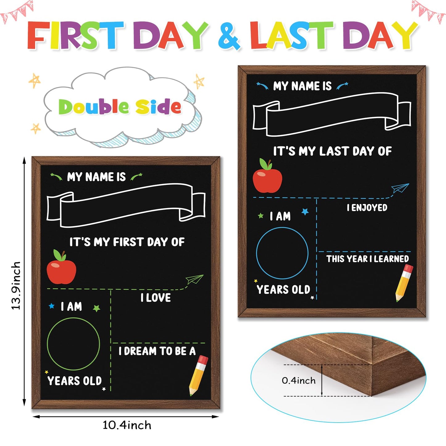 IJIGU First & Last Day of School Board, 14 x 10.5 Inch Double Sided Back to School Chalkboard with Frame, Reusable Wooden 1st Day of Preschool/Kindergarten Sign for Kids/Girls/Boys