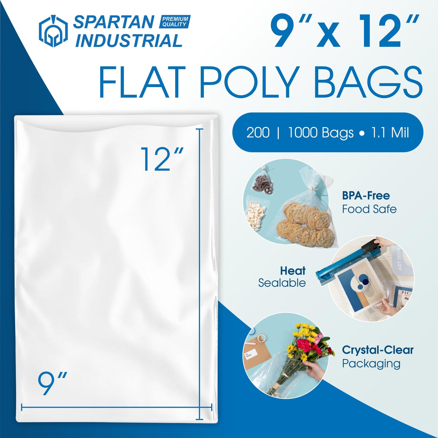 9" X 12" Open-End Flat Clear Poly Bags (1000 Count) - 1.1 Mil Plastic Clear Poly Bags for Clothing, Packaging, Shipping, Storage - No Adhesive Strip - Spartan Industrial