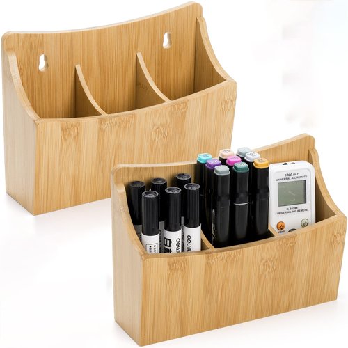 Nicunom 2 Pack Bamboo Dry Erase Marker Holder Wall Mount Remote Control Holder, Desktop Storage 3 Compartments Pencil Pen Hold Utensil Caddy, Multiuse Small Organizer for Office Home School