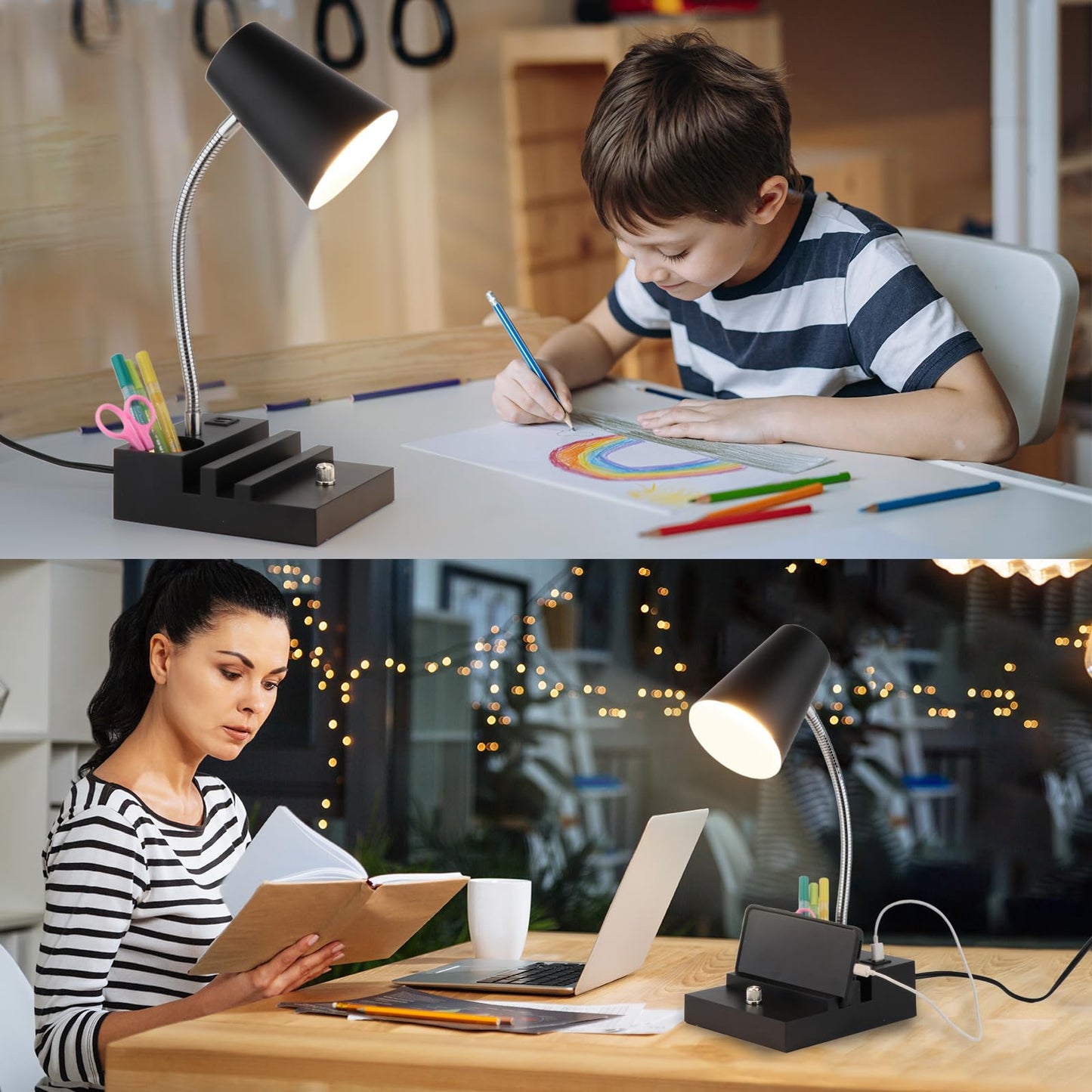 LALISU Study Desk Lamp with USB Charging and Type-C Night Light, Gooseneck LED Table Lamp Stepless Dimming Study Table Lamp with Pen Holder for College Dorm Bedroom and Office (White)