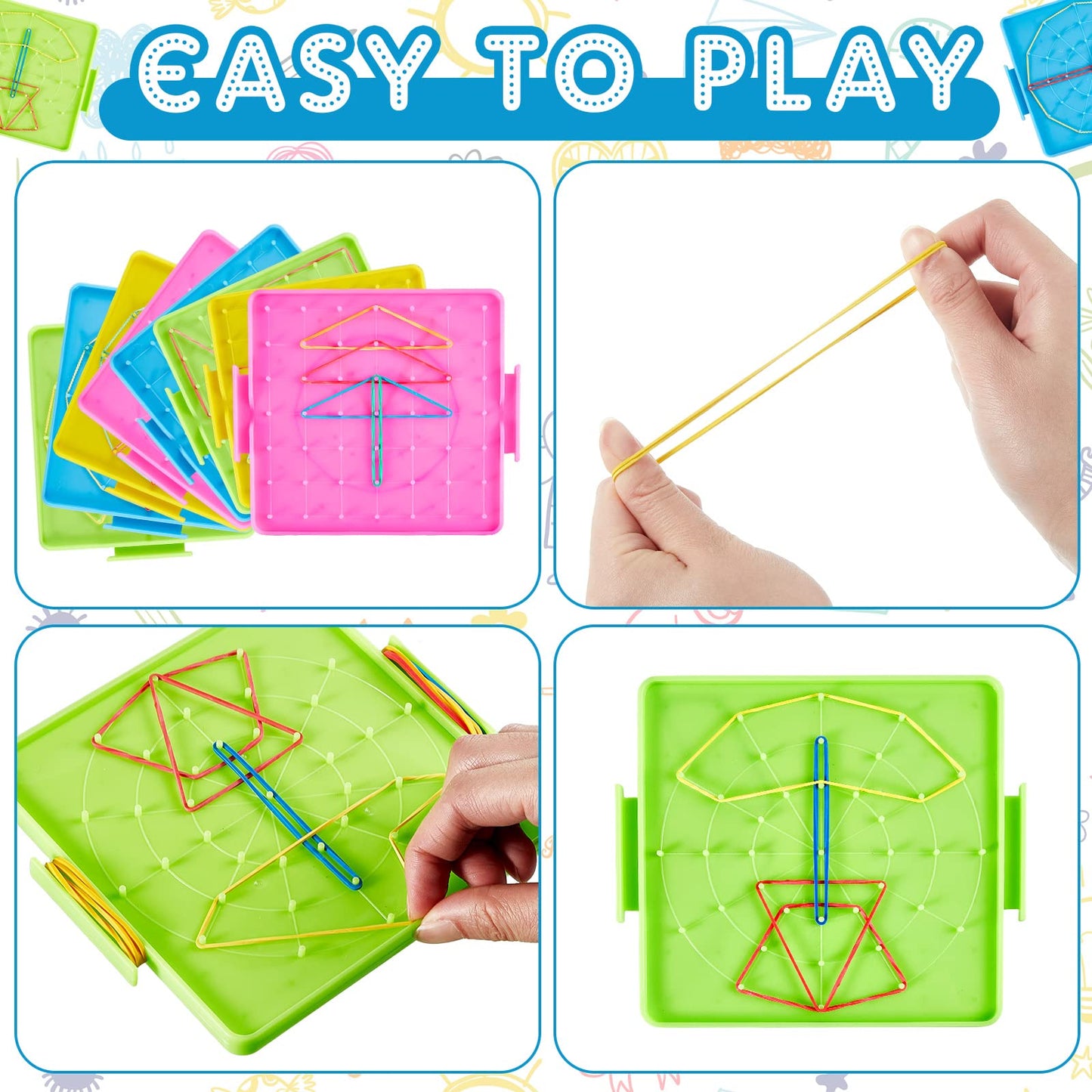 Deekin 12 Pcs Double Sided Geoboard Mathematical Kids Geoboards with Rubber Bands Math Manipulatives Toy for Geometry, 6.9 x 6.3 Inches Classroom Back to School