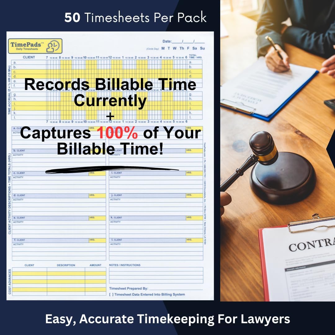 "Check-The-Box" Time Sheets for Lawyers. Effortless Timekeeping for Attorneys. (Pad of 50 Time Sheets). 8.5x11". Made in USA.