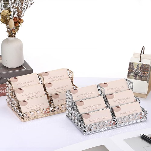 Hipiwe 3 Tiers Crystal Business Card Holder Gold Business Card Display Stand with 6 Slots Name Card Organizer for Office Exhibition Business