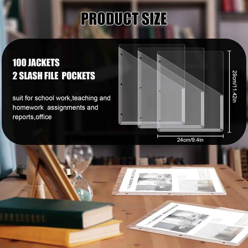 Seajan 100 Pcs Pocket Folders for 3 Ring Binder Clear Plastic Folders Sleeves with 2 Pockets 3 Hole Punch Binder Dividers Poly Slash File Jackets for Office School Document Organizer (White)