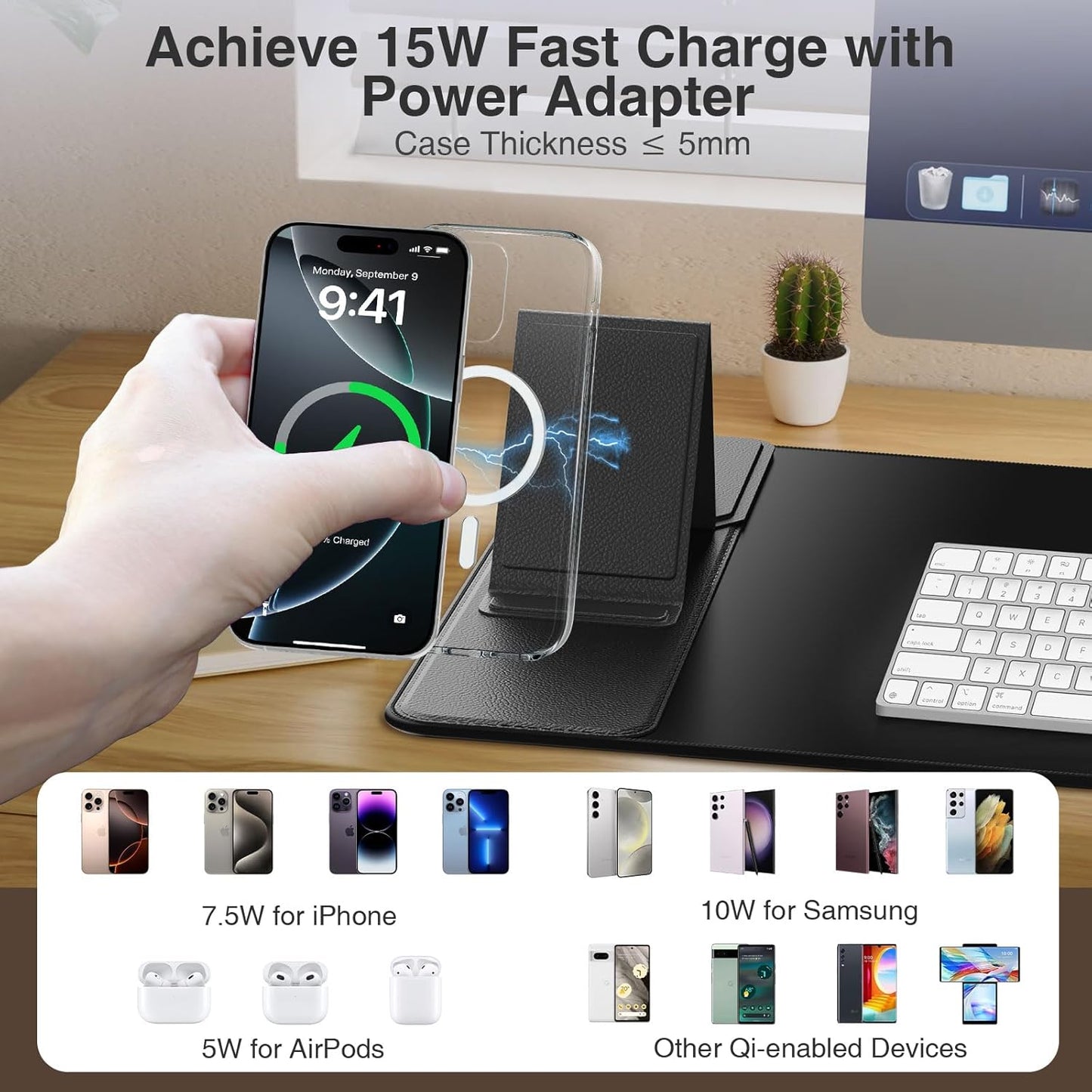 Wireless Charging Mouse Pad - Foldable Phone Holder | Large 31.5"x15.8" Desk Mat, Waterproof & Non-Slip, Black