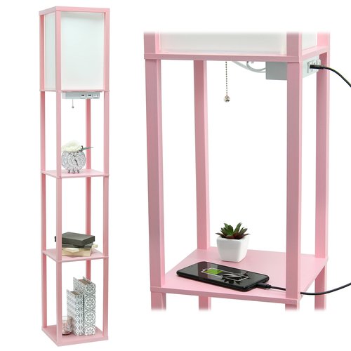 Simple Designs LF1037-LPK Floor Lamp Etagere Organizer Storage Shelf with 2 USB Charging Ports, 1 Charging Outlet and Linen Shade, Light Pink