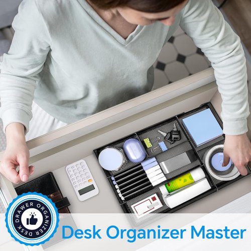 Desk Drawer Organizer, Office Drawer Divider Organizer Tray with 6 Compartments, Metal Mesh Desktop Organization and Accessories for Stationery Makeup Kitchen Toolroom School ＆Office, 12.6x8.27x1.6 in