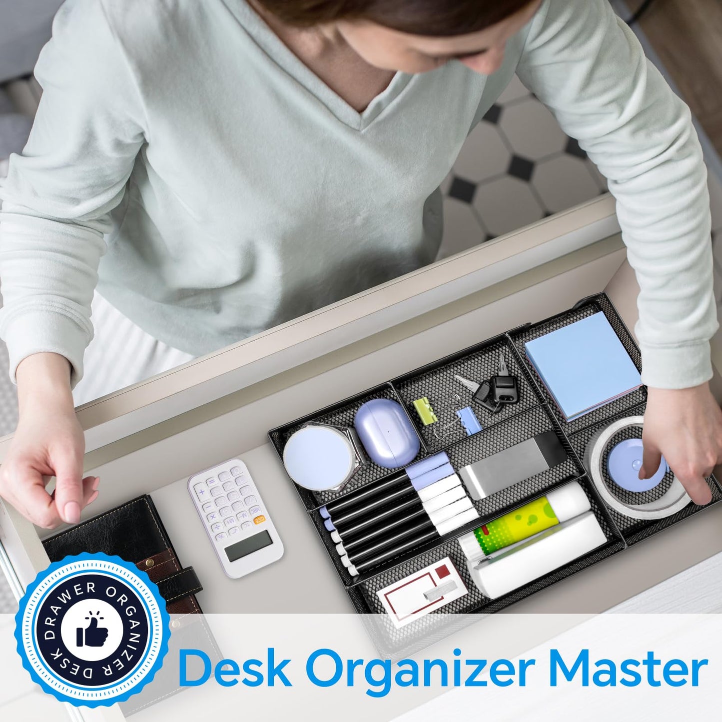 Desk Drawer Organizer, Office Drawer Divider Organizer Tray with 6 Compartments, Metal Mesh Desktop Organization and Accessories for Stationery Makeup Kitchen Toolroom School ＆Office, 12.6x8.27x1.6 in