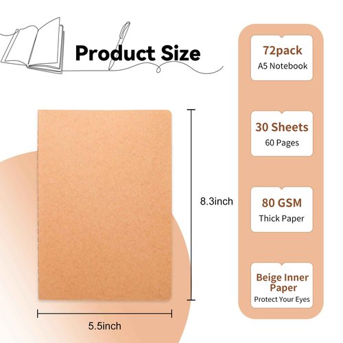 72 Pack Blank Kraft Notebooks, 8.3x5.5 Inches A5 Small Journals Bulk Blank Notebooks 80 Gsm Unlined with 60 Pages A5 Subject Notebooks Traveler Journal Set for Adult Students Back to School Supplies
