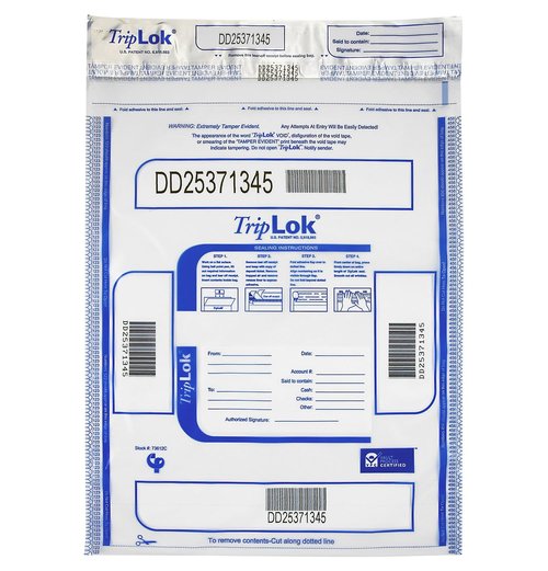 ControlTek TripLok 15" x 20", Clear, 50 Bags Tamper-Evident Deposit Bags for Cash Handling & Valuables, Moisture, Heat and Cold Sensitive Ink, Tear-off receipt + Large Barcodes 585048