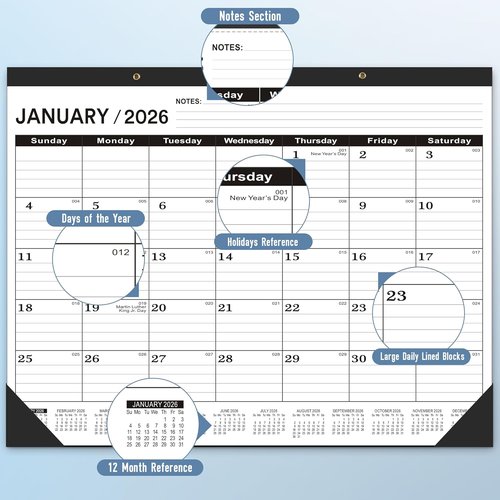 **Regine Switzerland Desk Calendar 2026-2027 | Large 22x17 with PVC Cover & Notes List (Black)**