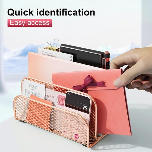 Gianotter Mail Organizer - Stylish 3-Slot Metal File Holder for Desk | Rose Gold Workspace Accessory