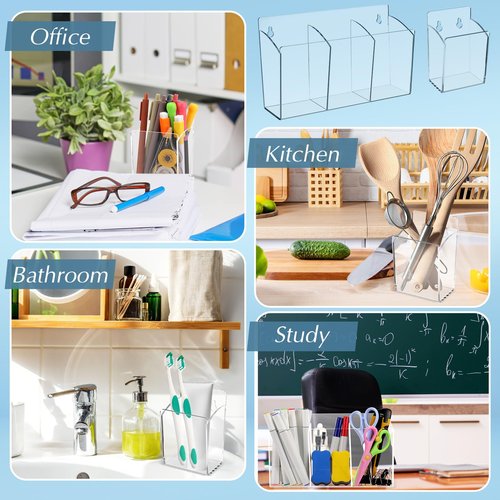 Threehoney 4 Pack Wall Marker Holder, Dry Erase Marker Holder with 3 Compartments Acrylic Clear Organizer for Remotes, Pens, Makeup, Markers for Whiteboard Fridge Locker 2 Sizes