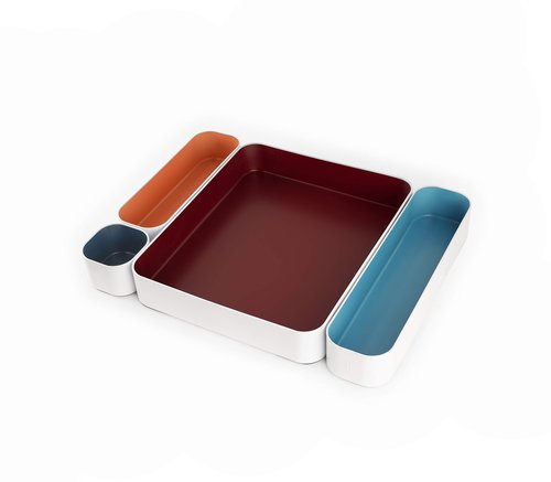 Three By Three Seattle 4 Piece Metal Organizer Tray Set for Storing Makeup, Stationary, Utensils, in Office Desk, Kitchen and Bathroom Drawers (2 Inch, Berry, Sunset, Blue, Stripes)