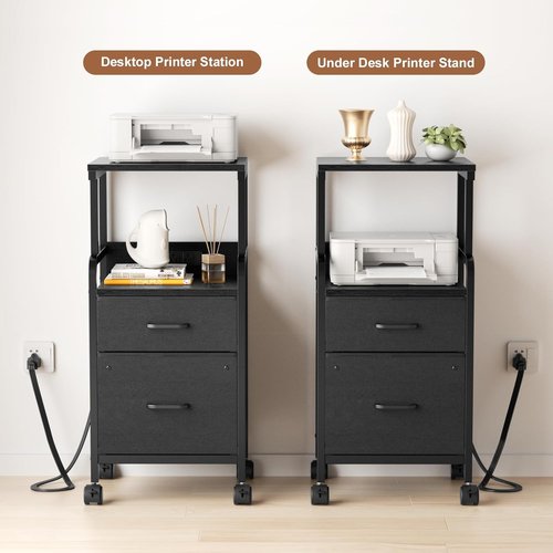 Korfile Printer Stand with Power Outlets & File Cabinet, Mobile Printer Table with 2 Drawers, 4 Tiers Multi-Functional Rolling Printer Cart with Wheels for Home Office, Living Room, Black