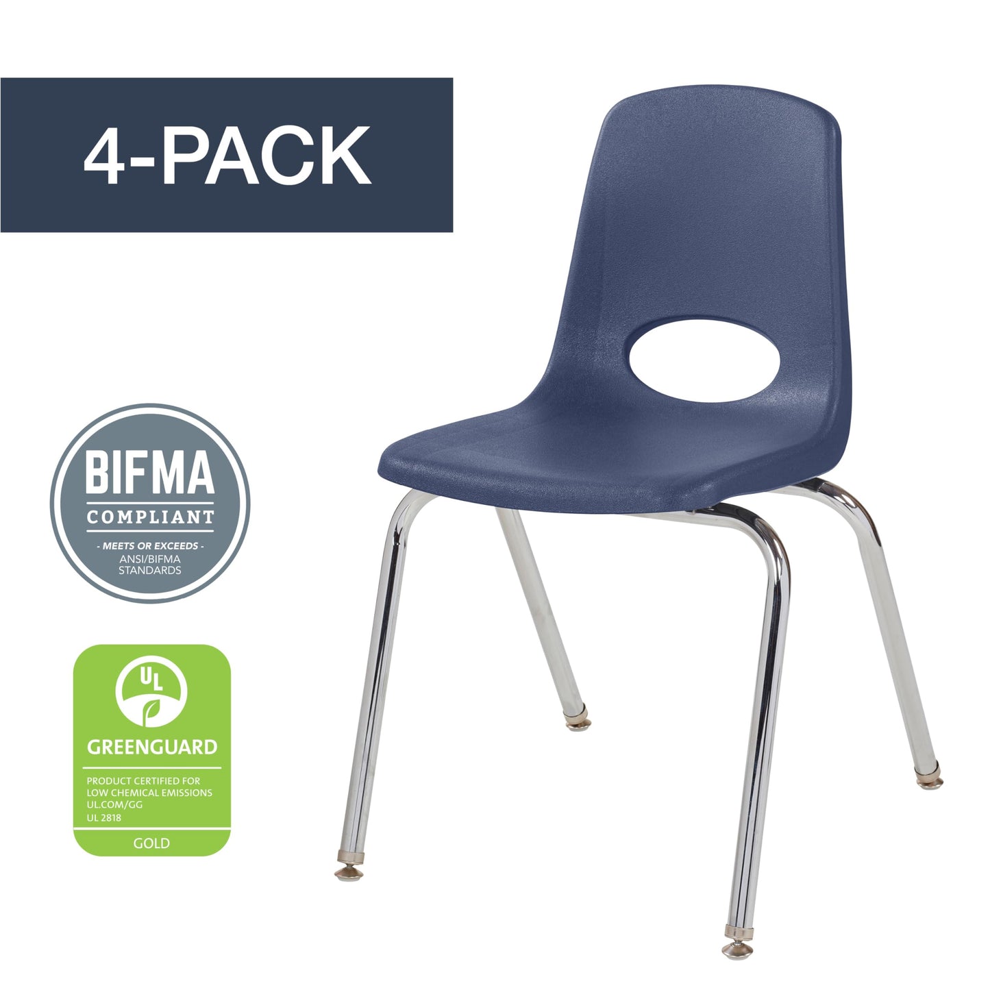 FDP 18" School Stack Chair,Stacking Student Seat with Chromed Steel Legs and Nylon Swivel Glides For In-Home Learning, Classroom or Office - Navy (4-Pack), 10384-NV
