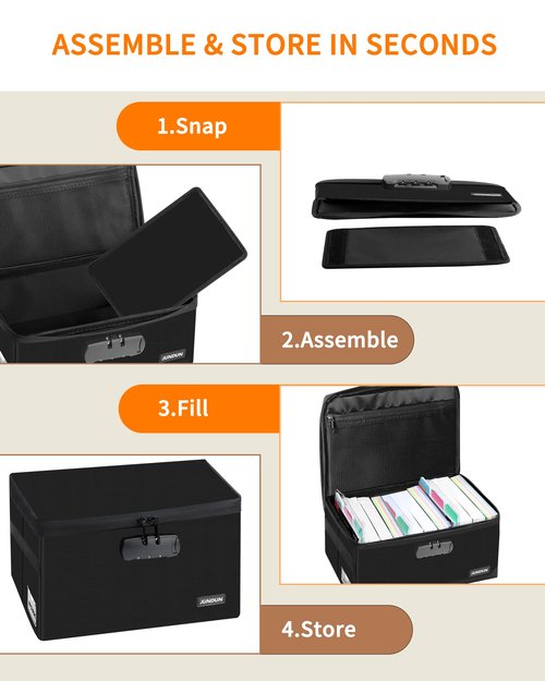 JUNDUN Index Card Holder with Lock,Collapsible Fireproof Index Card Box fits 1200 5x8-Inch Flash Cards - Business, Recipe, or Note Card Storage Boxes - Black