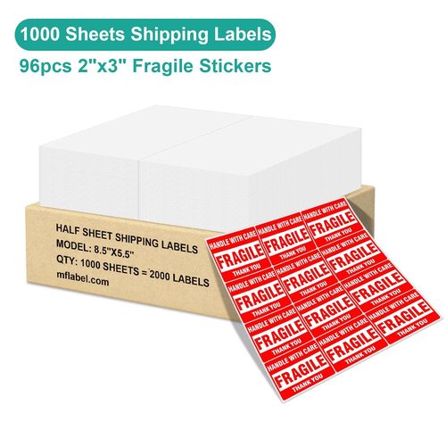 MFLABEL Half Sheet Shipping Labels - 1000 Sheets (2000 Labels) 8.5" x 5.5" Self-Adhesive Address Labels for Laser & Inkjet Printers, Packaging Labels for Shipping Includes Free Fragile Stickers