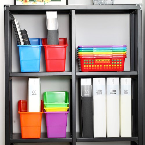 Blosssound 12 Pack Colorful Plastic Classroom Storage Bins with Label Stickers 6 Classroom Book Bins 6 A4 Paper Plastic Trays Stackable Organizer Set for Back to School Library Home Office Supplies