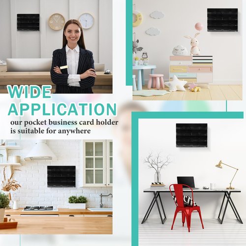 2 Pcs Acrylic Business Card Holder with Hanging Hardware Black transparent Acrylic 16 Pocket Business Vertical Organizer Wall Mount Sticker Display Rack Pre Drilled Organizing Stand for Office Home