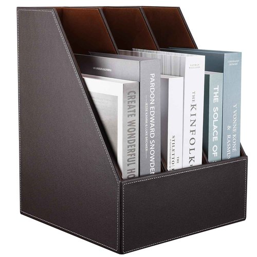 KINGFOM Desktop Wooden Leatherette Magazine File Holder-Organizer-3 Compartment Stand Rack-Papers Storage Box (brown)