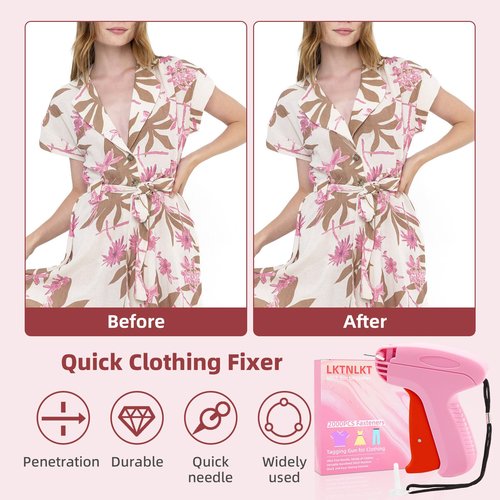 Stitch Gun for Clothes - Includes 6 Fine Needles, 1000 White & 1000 Black Fasteners, Handheld Stitch Gun - Quick Clothing Fixer, Tag Gun for Clothes (Pink Red)