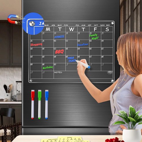 Acrylic Magnetic Calendar for Refrigerator - Reusable Dry Erase Board with Stickers & Marker, Family Organizer, Kids Activity, Acrylic, Shatterproof, Strong Magnets