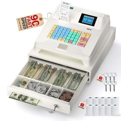 PYY Cash Register for Small Businesses - Electronic Commercial Caja Registradora para Negocio with Lock Cash Drawer Box, 48 Keys, 8 Digital Dual Display, System for Retail Supermarket Restaurant