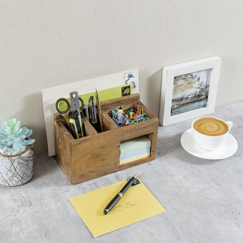 MyGift Rustic Solid Acacia Wood Office Desktop Stationery Organizer, Desk Caddy with Mail Slot, 2 Pen Holders, Sticky Note Storage, and Supplies Tray - Handcrafted in India