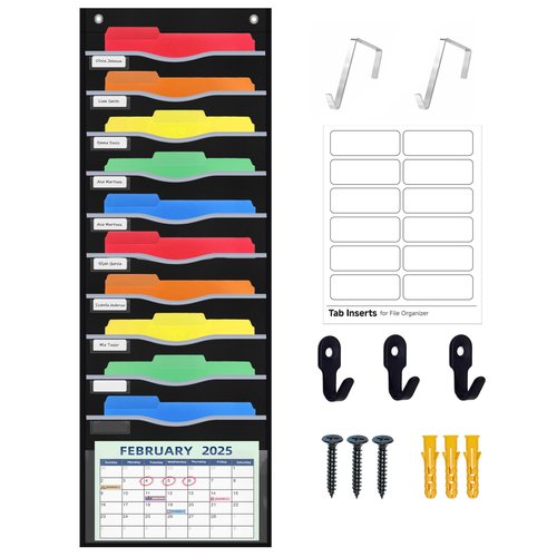 ALSLEA 11 Pockets Hanging Wall File Organizer 15" Extra Wide Pocket Chart for Classroom, Office, Home, Mail Organizer Wall Mounted with 1 Writable Clear Pocket, 5 Wall/Door Hooks & 12 Labels (Black)