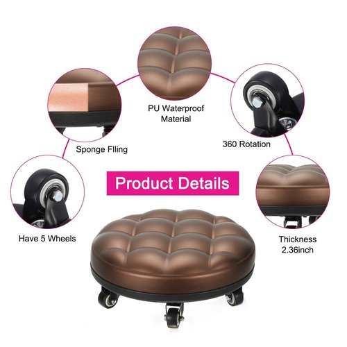 PATIKIL Low Roller Seat Wheel Stool Chair PU Leather Short Low Rolling Stool with Universal Wheel for Home Office Fitness (Brown), 5.1" Height