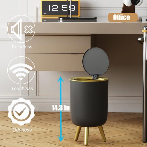 Yatmung Touchless Bathroom Trash Can with Lid - Motion Sensor Garbage Can - Waste Basket for Bedroom, Living Room, Toilet, Office, Plastic - Automatic Trash Bin - Black with Gold Edge