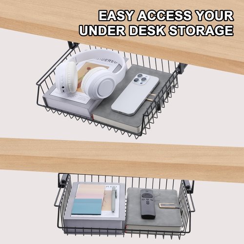 Under Desk Drawer, Slide Out Design,No Drill Metal Under Desk Cable Management, Storage Shelf Tray Basket Under Table Drawer Organizer for Office, Home, Workspace, Cabinet