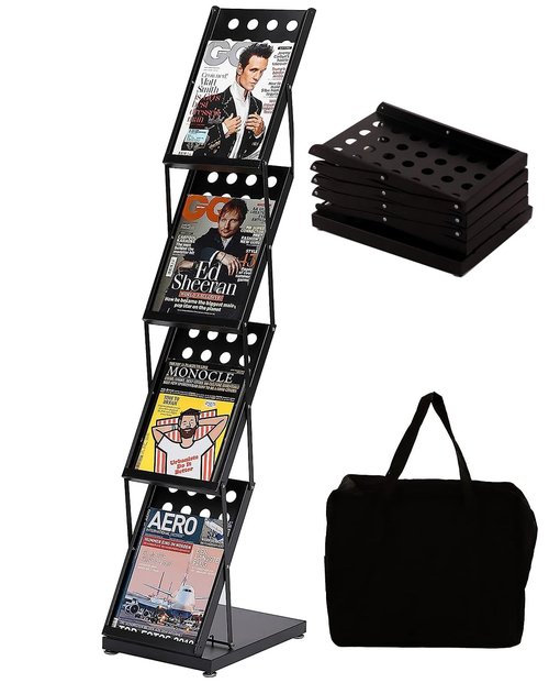 WERTIRUNG Brochure Magazine Catalog Literature Display, Literature Catalog Rack with Carrying Bag, Foldable Magazine Stand for Office Retail Store and Exhibition Trade Show, 4 Pockets (Black)