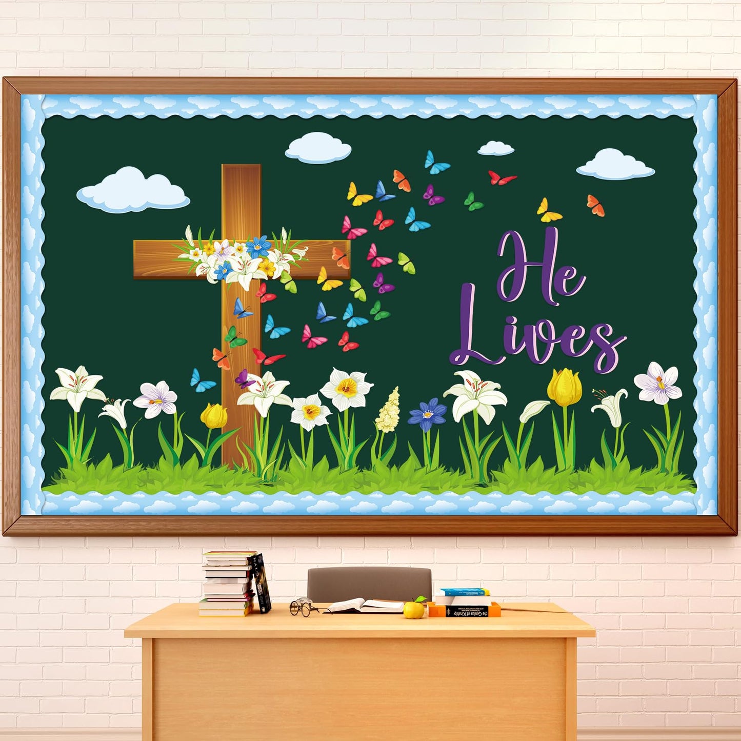 Easter Spring Bulletin Board Decoration Set He Lives Floral Cross Bulletin Board Borders Easter Butterfly Paper Cutouts Easter Christian Jesus Bulletin Boarder for Easter Spring School Classroom Decor