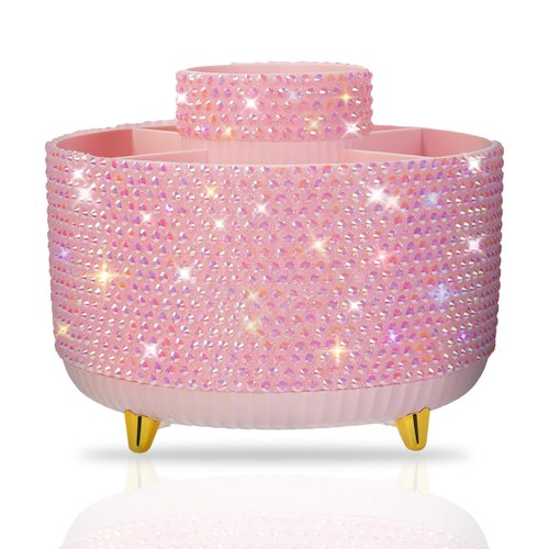 ENJIKAER Bling Pink Rhinestone Desk Organizer with 5 Slots 360 Degree Rotating, Bling Pen Holder Makeup Brush Holder for Women, Pink Rhinestone Office Accessories
