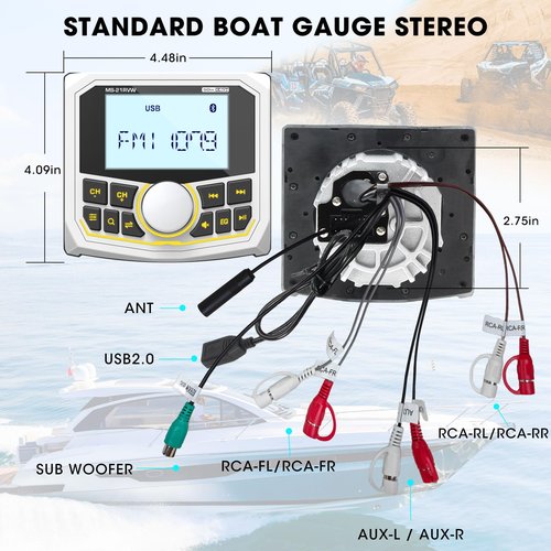 Bluetooth Boat Radio Receiver Waterproof: DOVOX Marine Gauge Stereo for Boat - 2.8 Inch LCD Display AM FM USB AUX Subwoofer for Golf Cart ATV UTV SXS Yacht