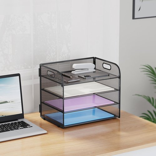 Marbrasse 4 Tier Paper Organizer Letter Tray - Mesh Desk File Organizer with Handle, Paper Sorter Organizer for Letter/A4 Office File Folder Holder (Black, 12.6" x 9.1" x 10.7")
