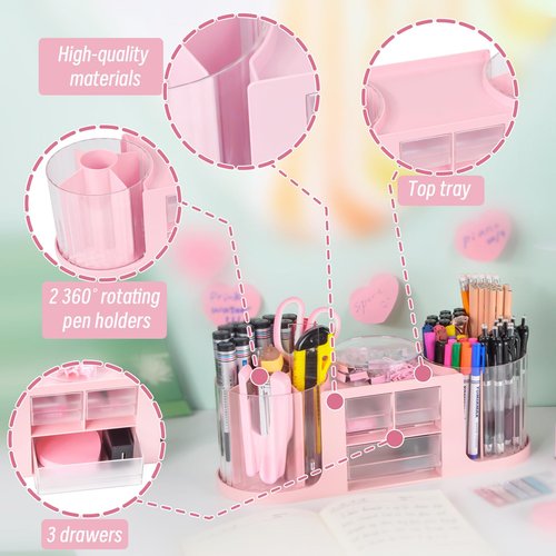 Pink Rotating Desk Organizer and Accessories,Office Supplies 360°Pen Holder with 3 Drawer and Tape Dispenser,Stapler,Staple Remover,Staples,Clips Set,Ruler,Scissor,Pen for Office School Home (Pink)