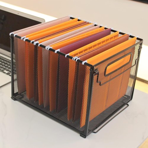 SETTFRFE Metal Mesh Hanging File Folder Organizer - Stylish Black Crate Basket for Home or Office