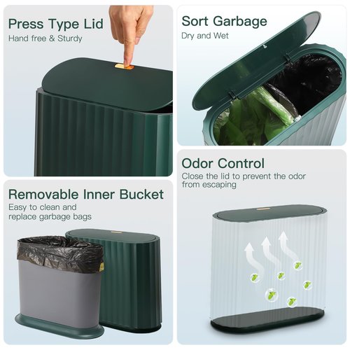 XLHOMO Small Bathroom Trash Can with Press Type Lid, Toilet Brush and Holder Set,Slim Dark Green Bathroom Garbage Can, Slim Narrow Trash Bin 2.6 Gallon Garbage Bin, 75Counts Trash Bags
