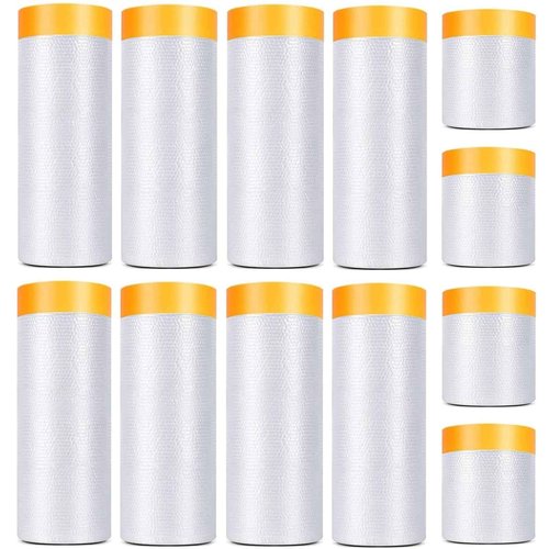KUANVE 12 Pack Tape and Drape, 3 Sizes Pre-Taped Masking Film Plastic Sheeting Cover Roll, 65.6 Ft/Pack Automotive Painters Masking Tape Film for Furniture, Floor, Skirting