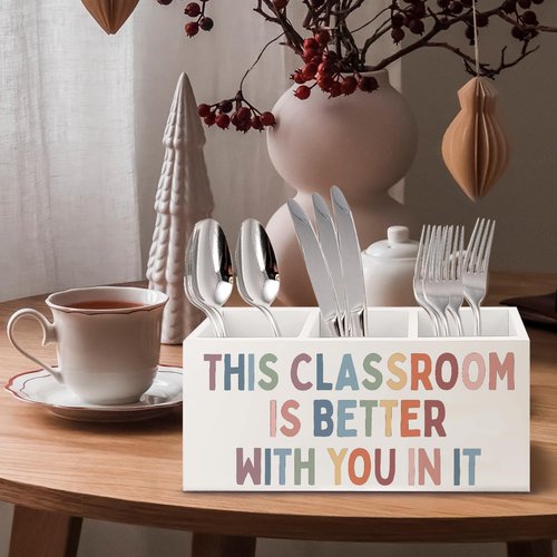 URLLUAE Boho Classroom Wooden Pen Pencil Holder for Desk Accessories, Back to School Supplies for Students College Boys Girls Teachers First Day of School, This Classroom Is Better with You in It