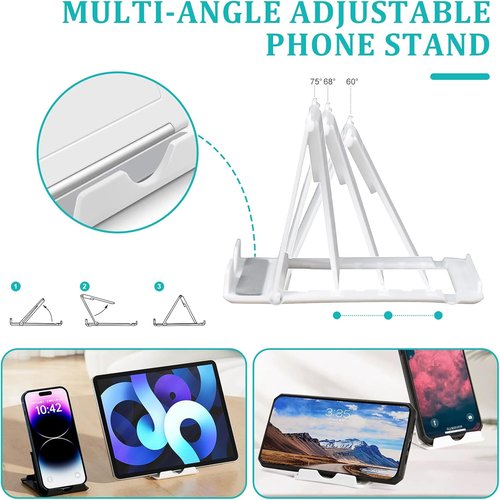 SAYEEC Rotating Pen Holder - 5 Slot Desk Organizer with Adjustable Phone Stand | White Makeup Brush Storage