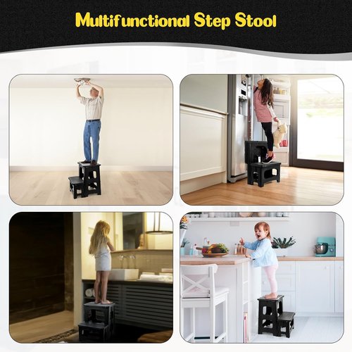 Ligebul 2-Step Stool Foldable, Plastic Steps Stool Folding Step Ladder Two Stepstools Collapsible Step Stools for Adults for Kitchen Home Bathroom RV, Pool Ladder Above Ground-Black